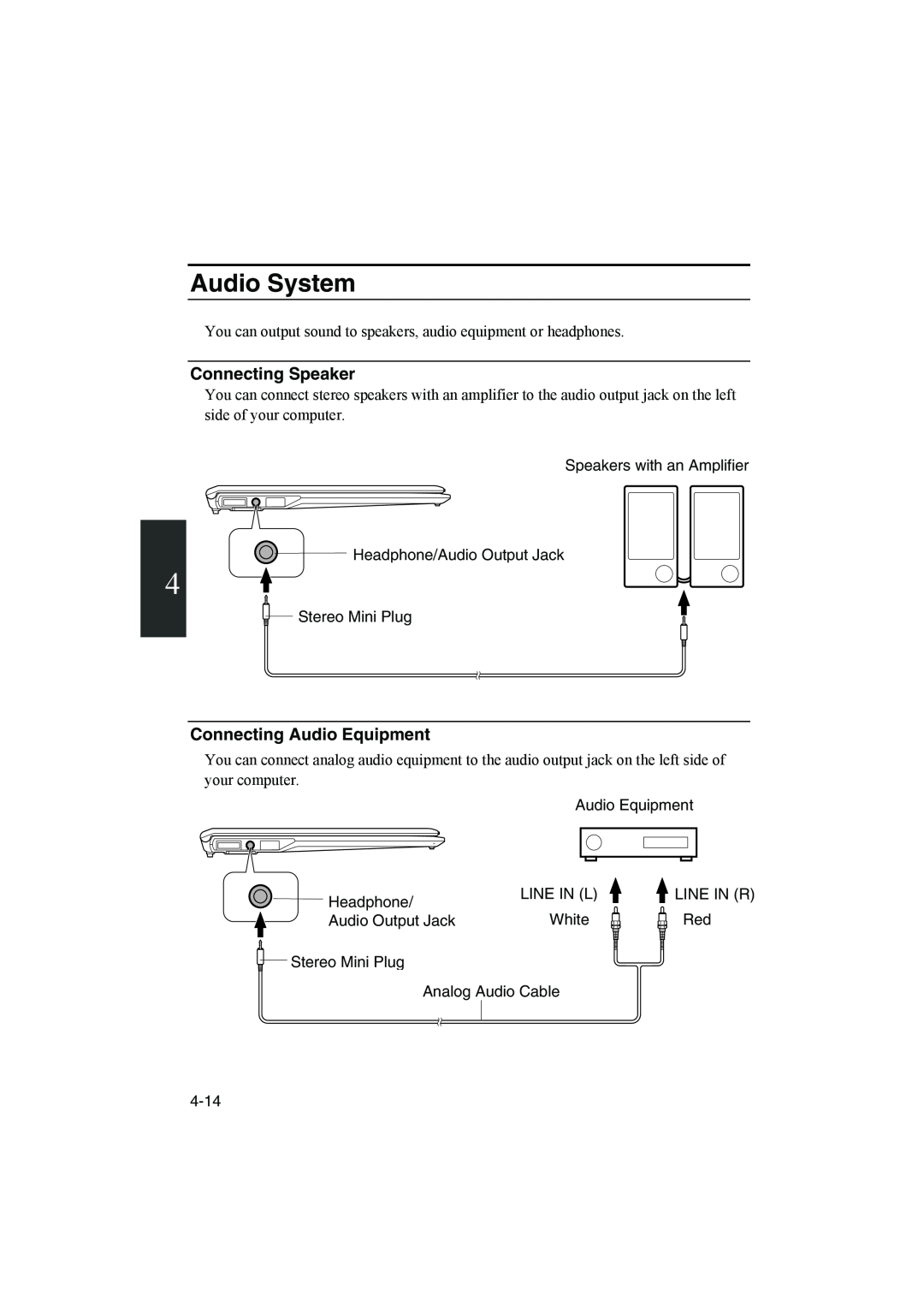 Sharp PC-MM1 manual Audio System, Connecting Speaker, Connecting Audio Equipment 