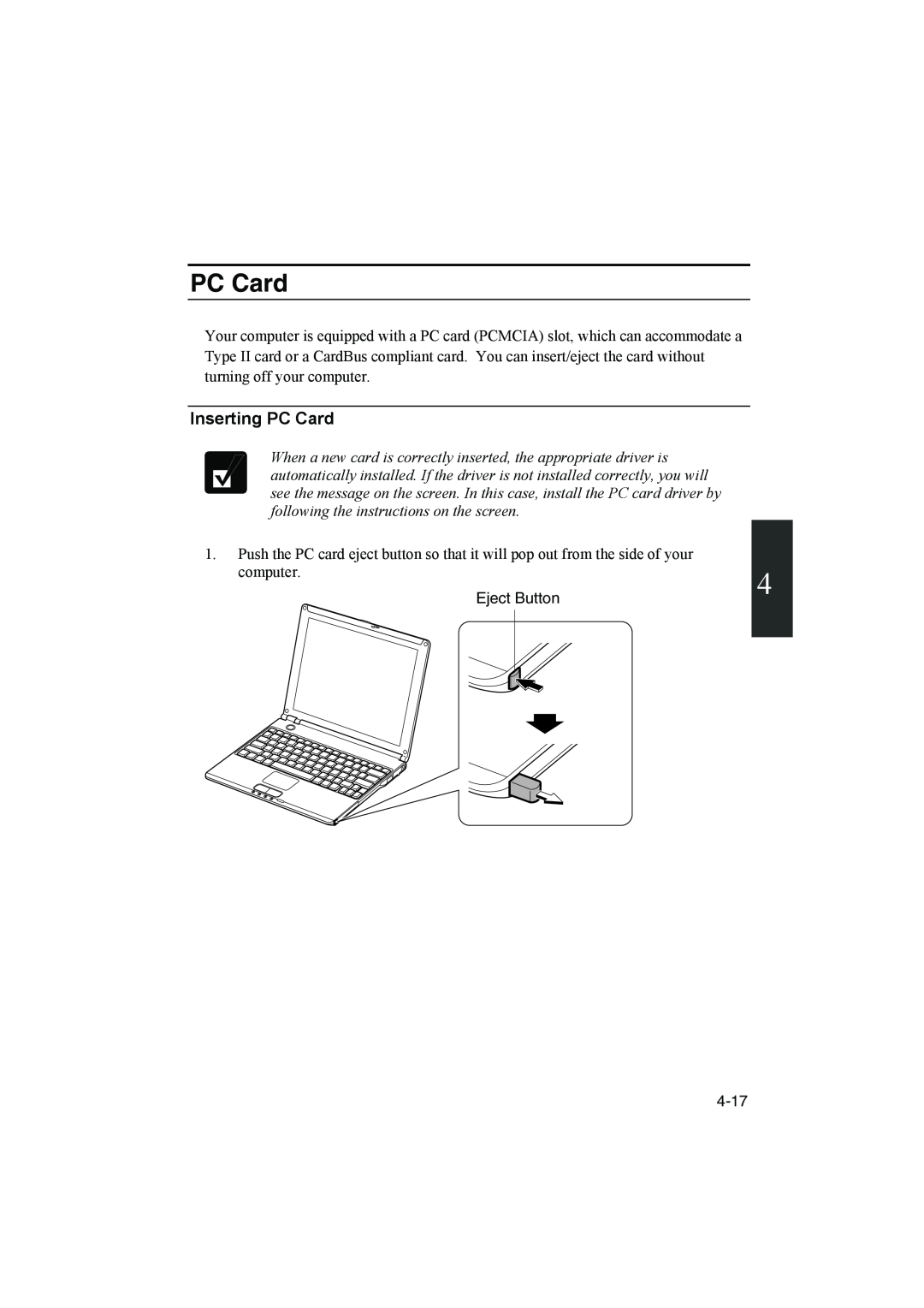 Sharp PC-MM1 manual Inserting PC Card 