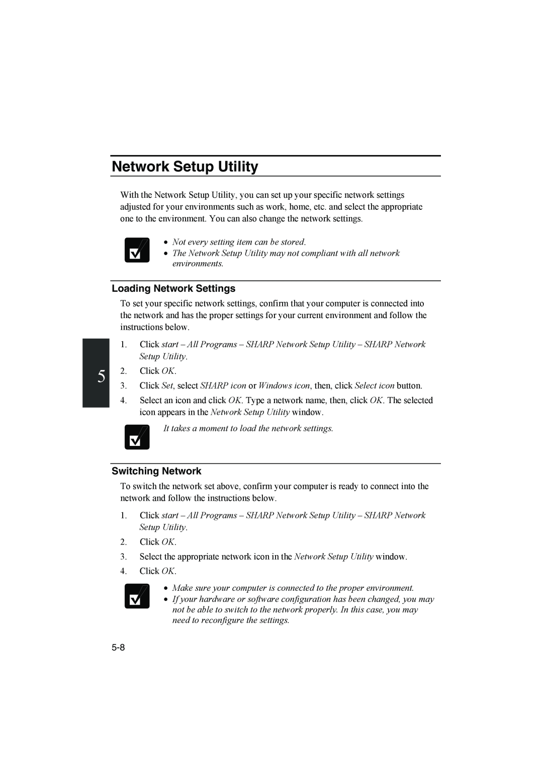 Sharp PC-MM1 manual Network Setup Utility, Loading Network Settings, Switching Network 