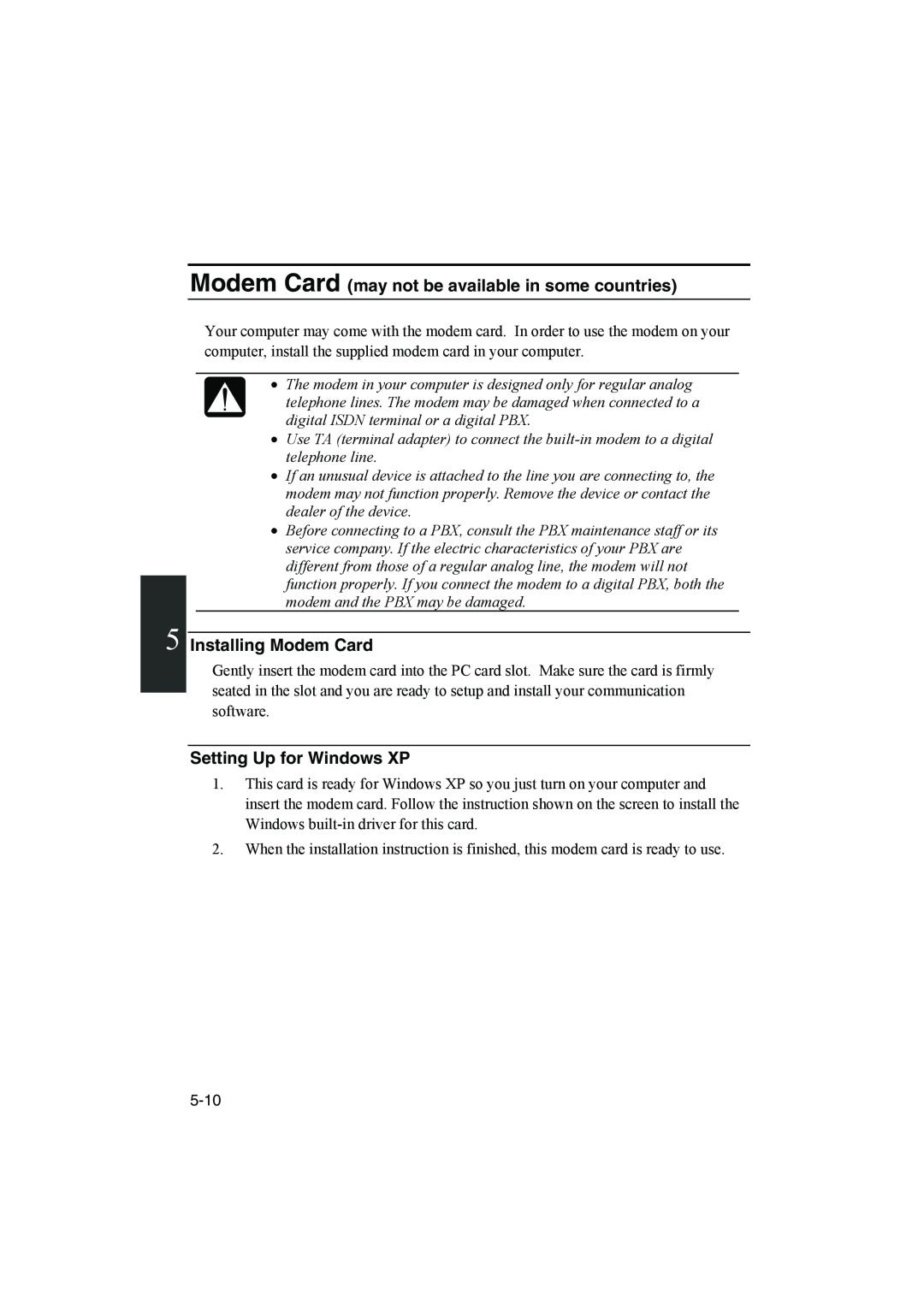 Sharp PC-MM1 manual Modem Card may not be available in some countries, Installing Modem Card, Setting Up for Windows XP 