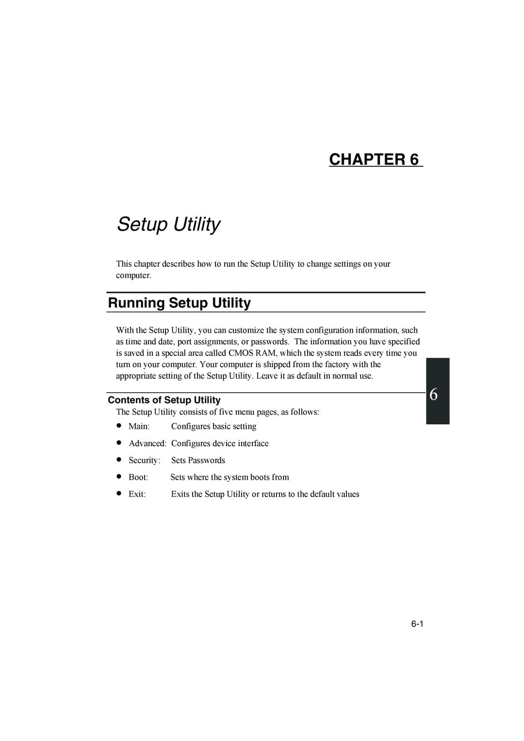 Sharp PC-MM1 manual Running Setup Utility, Contents of Setup Utility, Chapter 