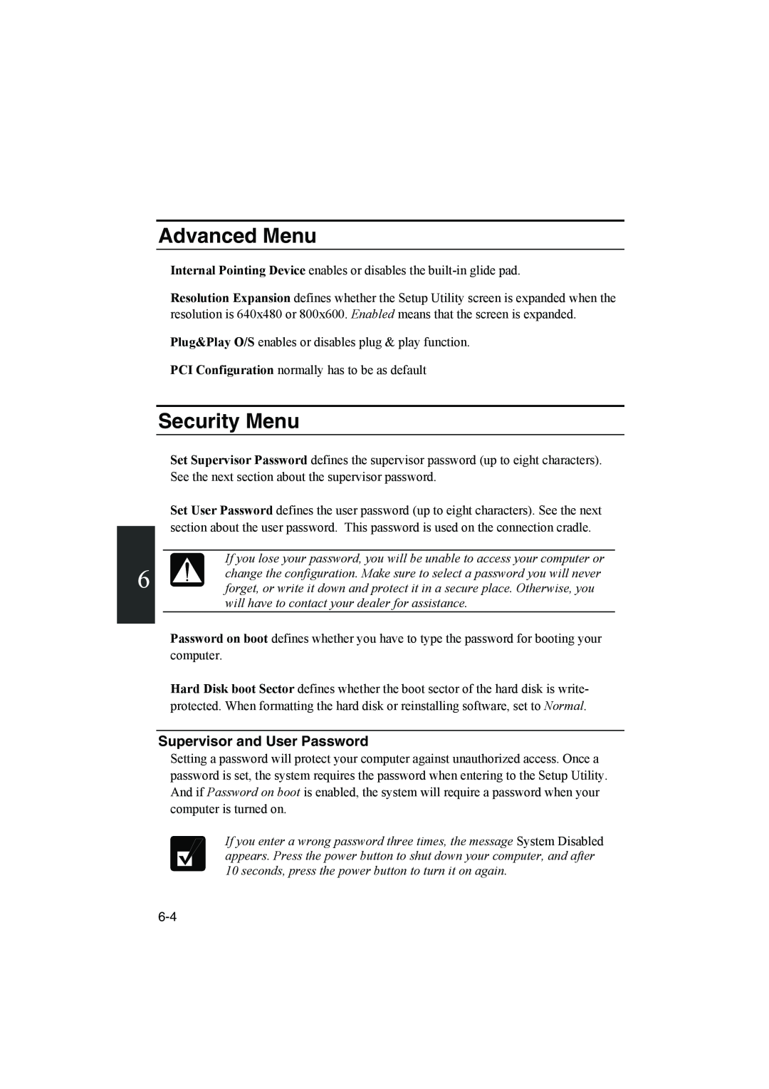 Sharp PC-MM1 manual Advanced Menu, Security Menu, Supervisor and User Password 