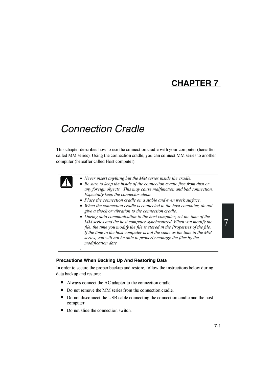 Sharp PC-MM1 manual Connection Cradle, Precautions When Backing Up And Restoring Data, Chapter 