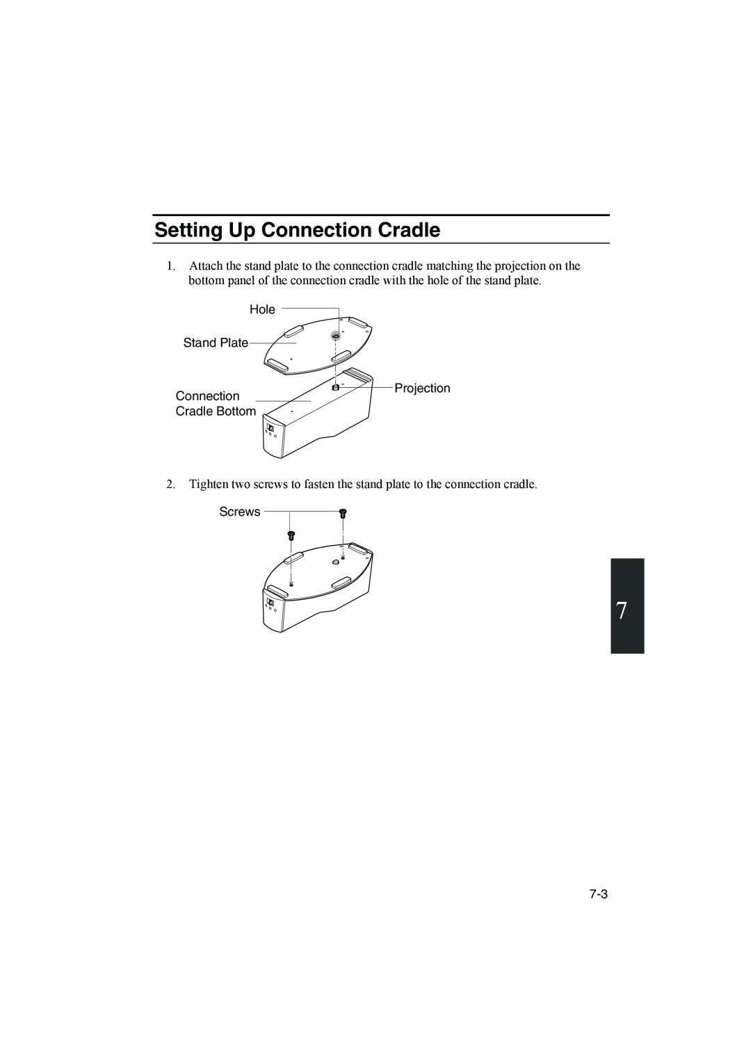 Sharp PC-MM1 manual Setting Up Connection Cradle, Hole, Stand Plate Connection Cradle Bottom, Projection, Screws 