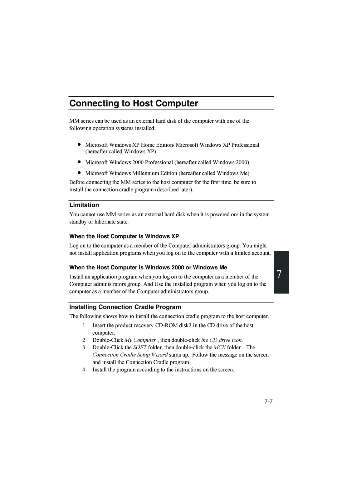 Sharp PC-MM1 manual Connecting to Host Computer, Limitation, Installing Connection Cradle Program 
