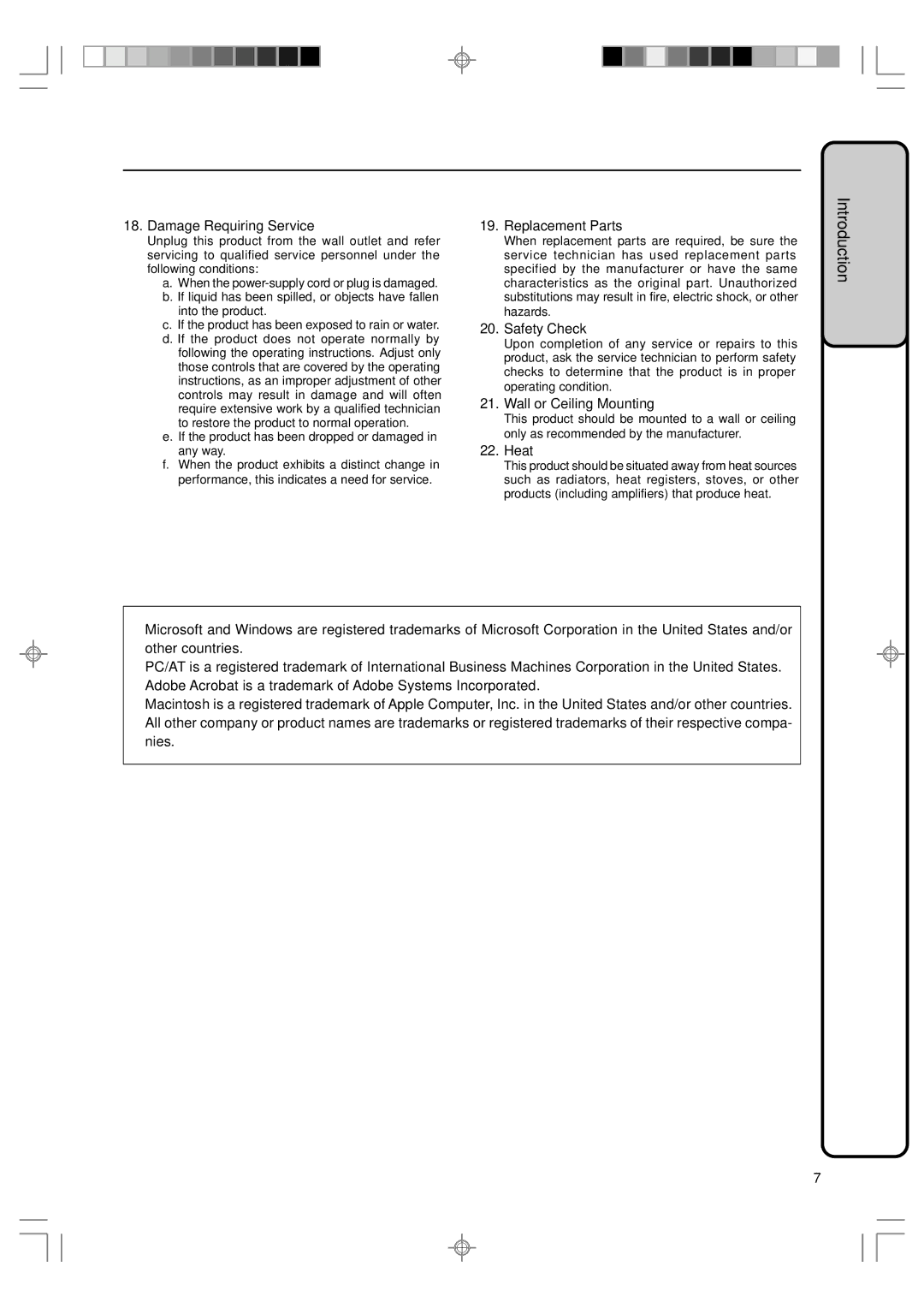 Sharp PG-A10S operation manual Damage Requiring Service, Replacement Parts, Safety Check, Wall or Ceiling Mounting, Heat 