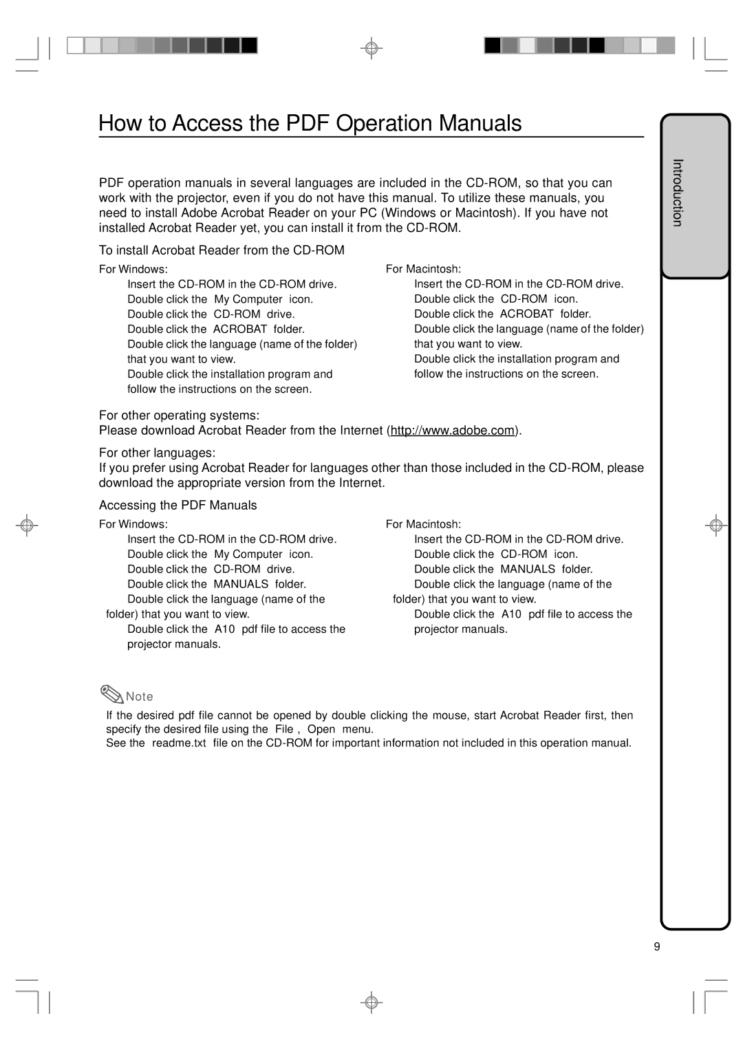 Sharp PG-A10S To install Acrobat Reader from the CD-ROM, For other operating systems For other languages, For Windows 