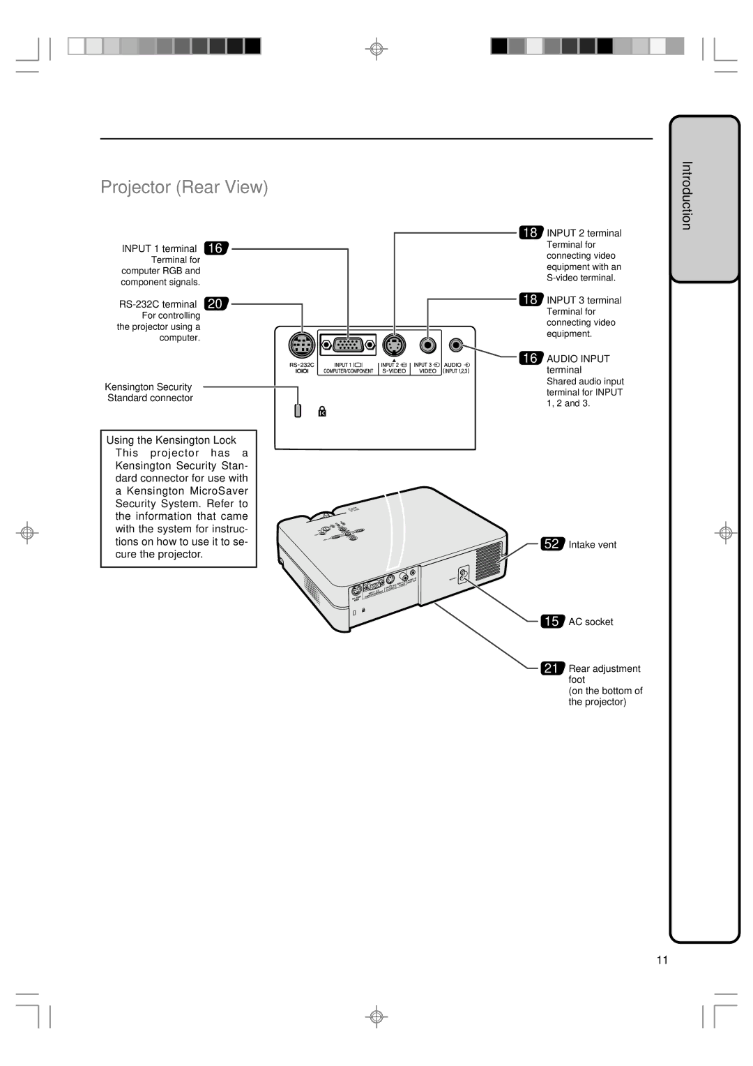 Sharp PG-A10S operation manual Projector Rear View, Using the Kensington Lock 