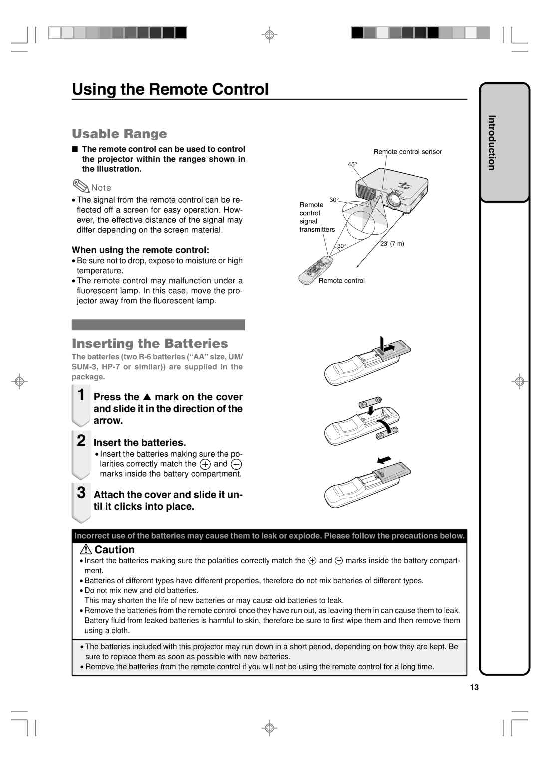 Sharp PG-A10S Using the Remote Control, Usable Range, Inserting the Batteries, When using the remote control 