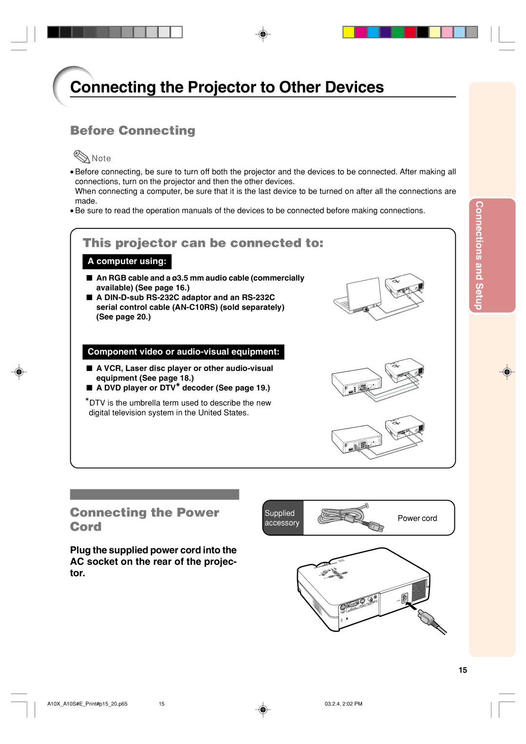 Sharp PG-A10S Connecting the Projector to Other Devices, Before Connecting, This projector can be connected to 