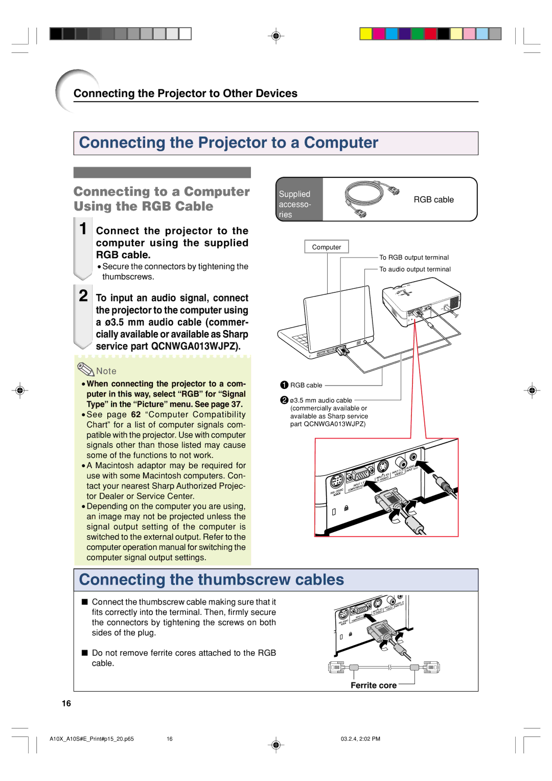 Sharp PG-A10S operation manual Connecting to a Computer Using the RGB Cable, Ferrite core 