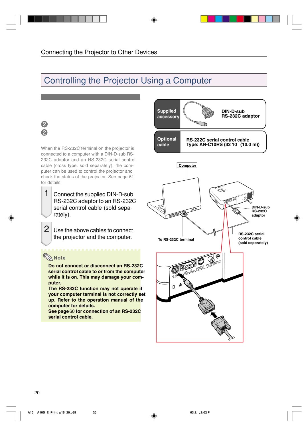 Sharp PG-A10S operation manual Controlling the Projector Using a Computer 