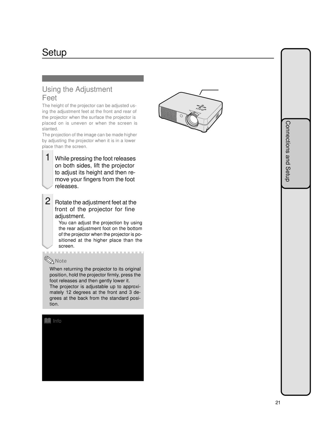 Sharp PG-A10S Setup, Using the Adjustment Feet, Rear adjustment foot on the bottom Foot release, On the other side 