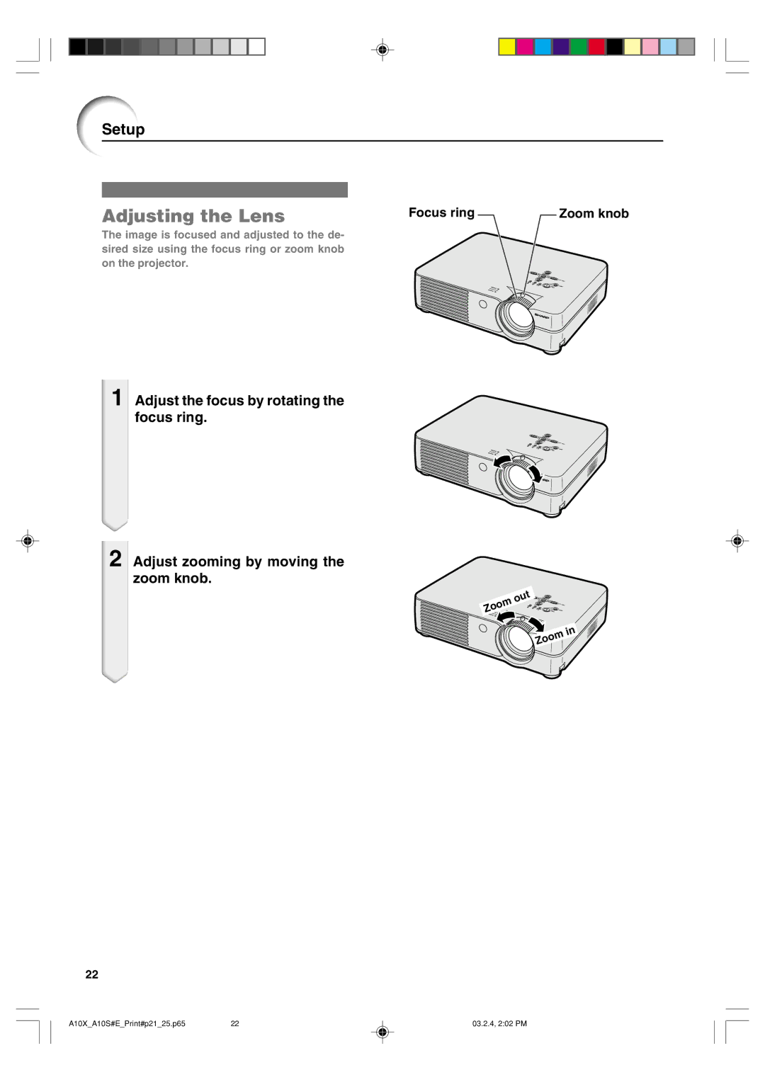 Sharp PG-A10S operation manual Adjusting the Lens, Focus ring Zoom knob 