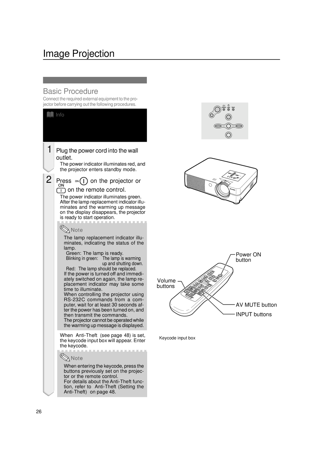 Sharp PG-A10S operation manual Image Projection, Basic Procedure, Plug the power cord into the wall outlet 