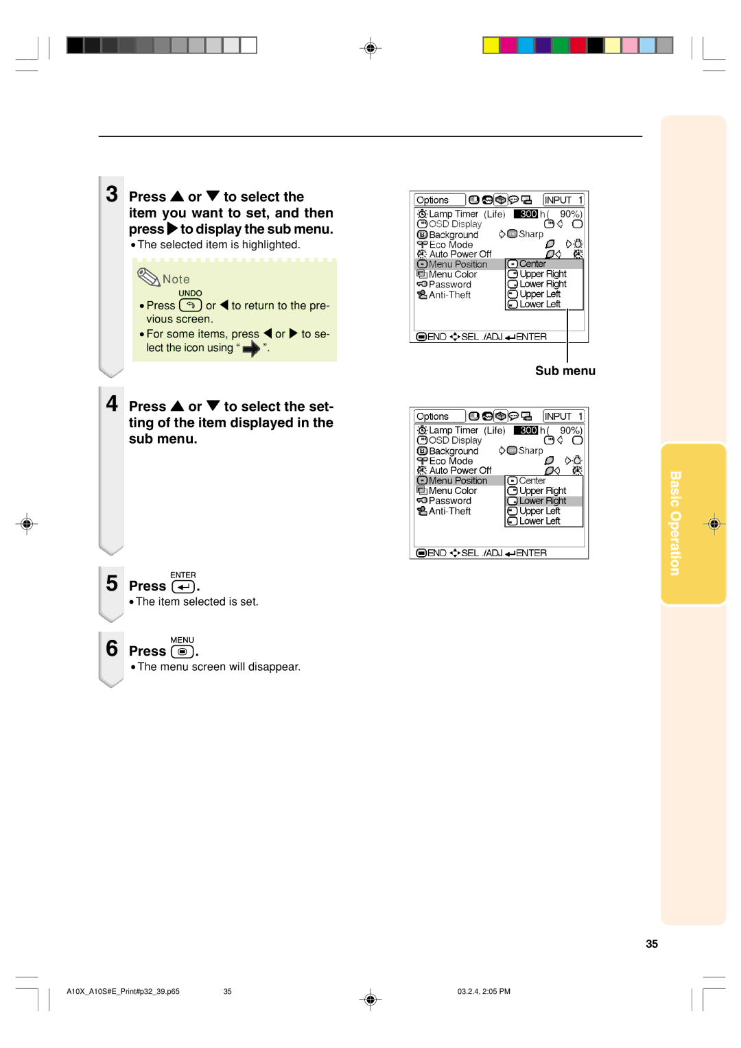 Sharp PG-A10S operation manual Sub menu, Item selected is set 