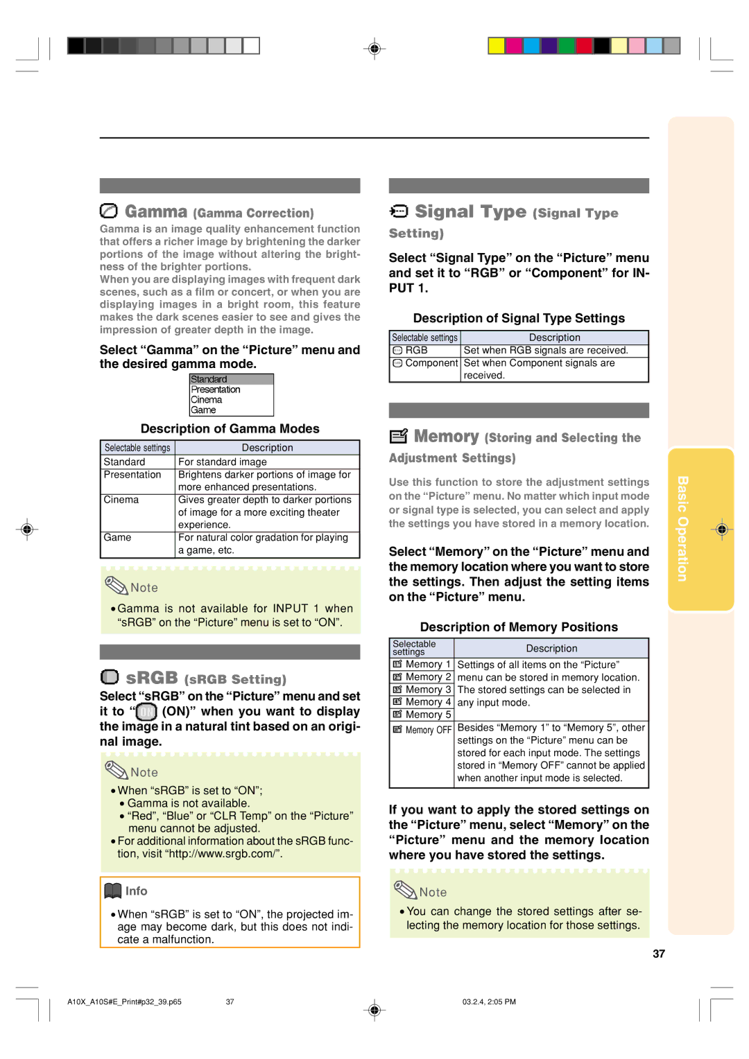 Sharp PG-A10S operation manual Signal Type Signal Type, Gamma Gamma Correction 