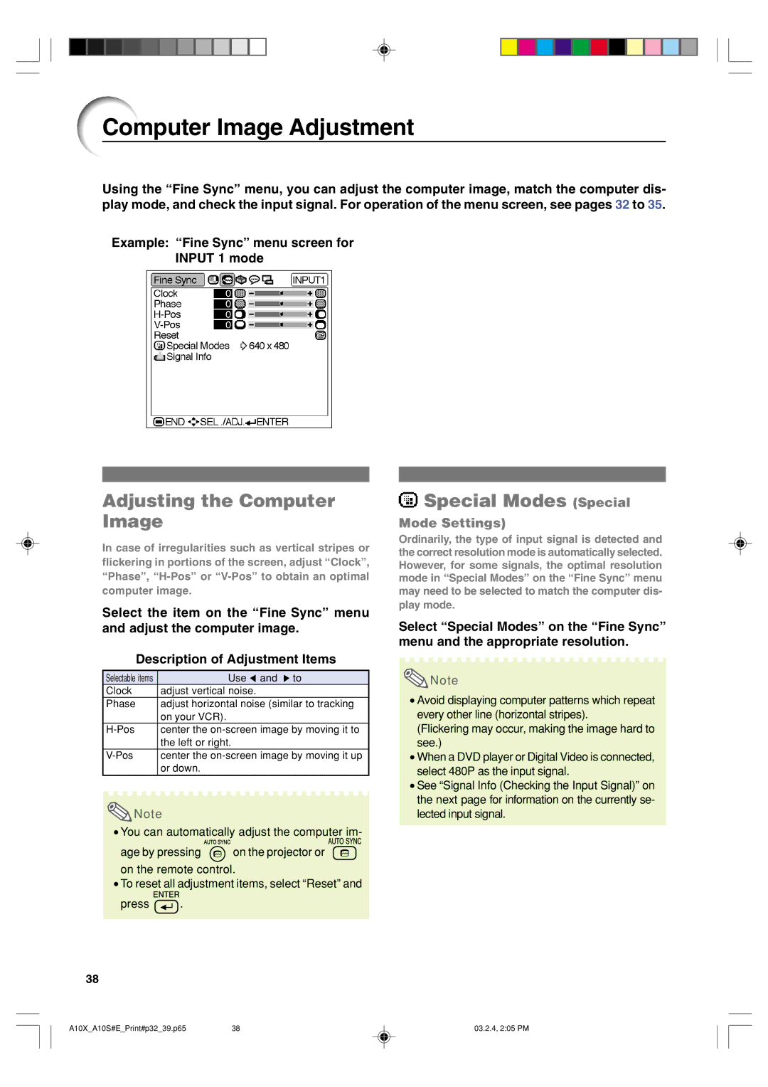 Sharp PG-A10S operation manual Computer Image Adjustment, Adjusting the Computer Special Modes Special Image 