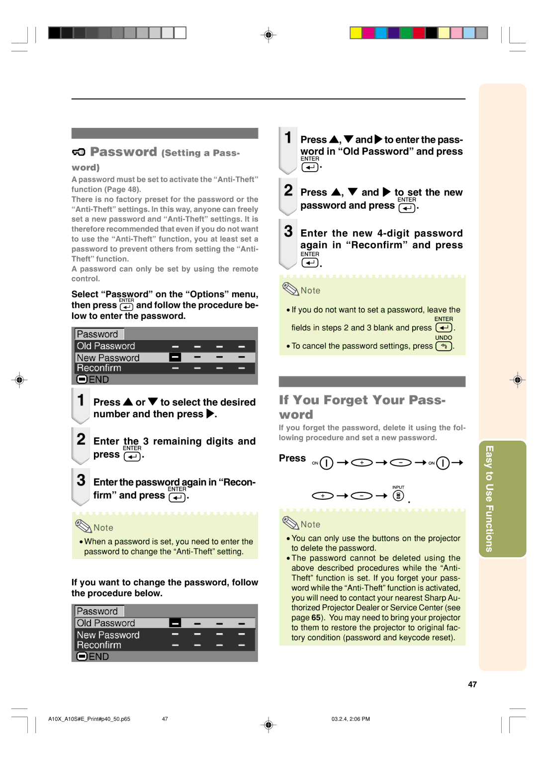 Sharp PG-A10S operation manual If You Forget Your Pass- word, Password Setting a Pass- word 