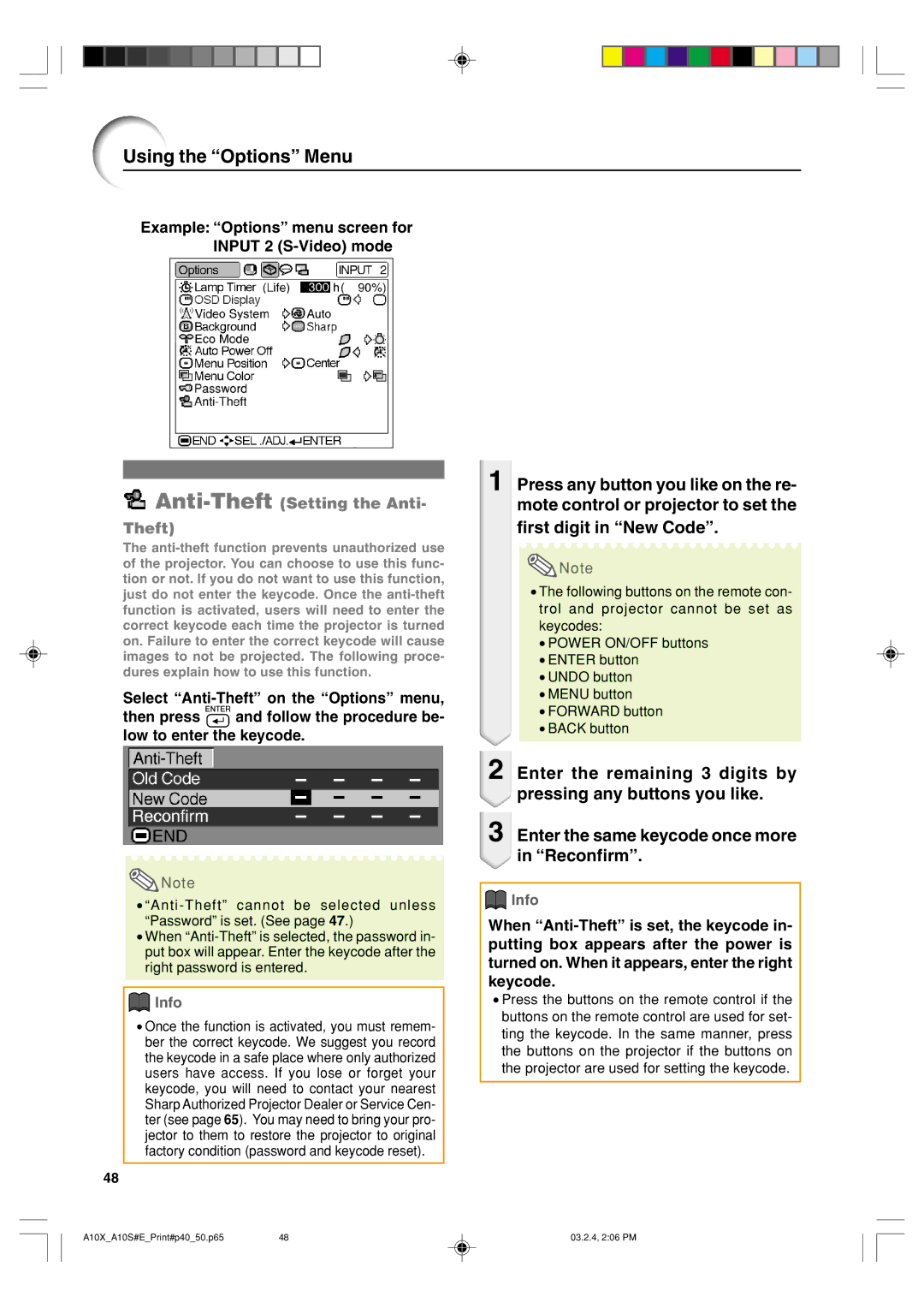 Sharp PG-A10S operation manual Anti-TheftSetting the Anti 