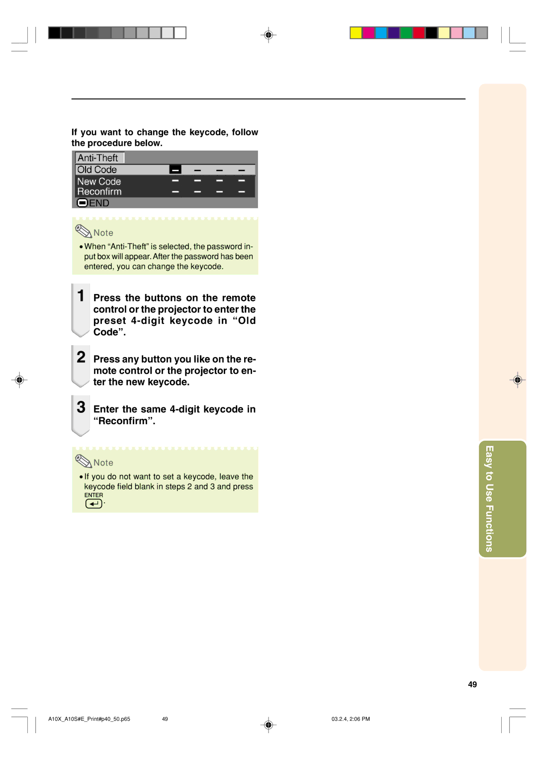 Sharp PG-A10S operation manual Easy to Use Functions 