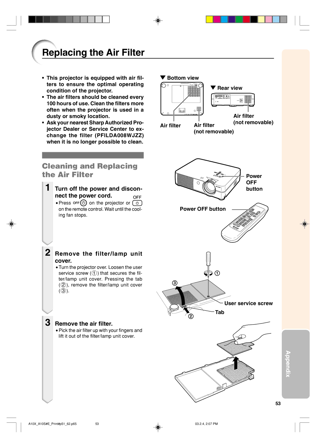 Sharp PG-A10S Cleaning and Replacing the Air Filter, Turn off the power and discon- nect the power cord 