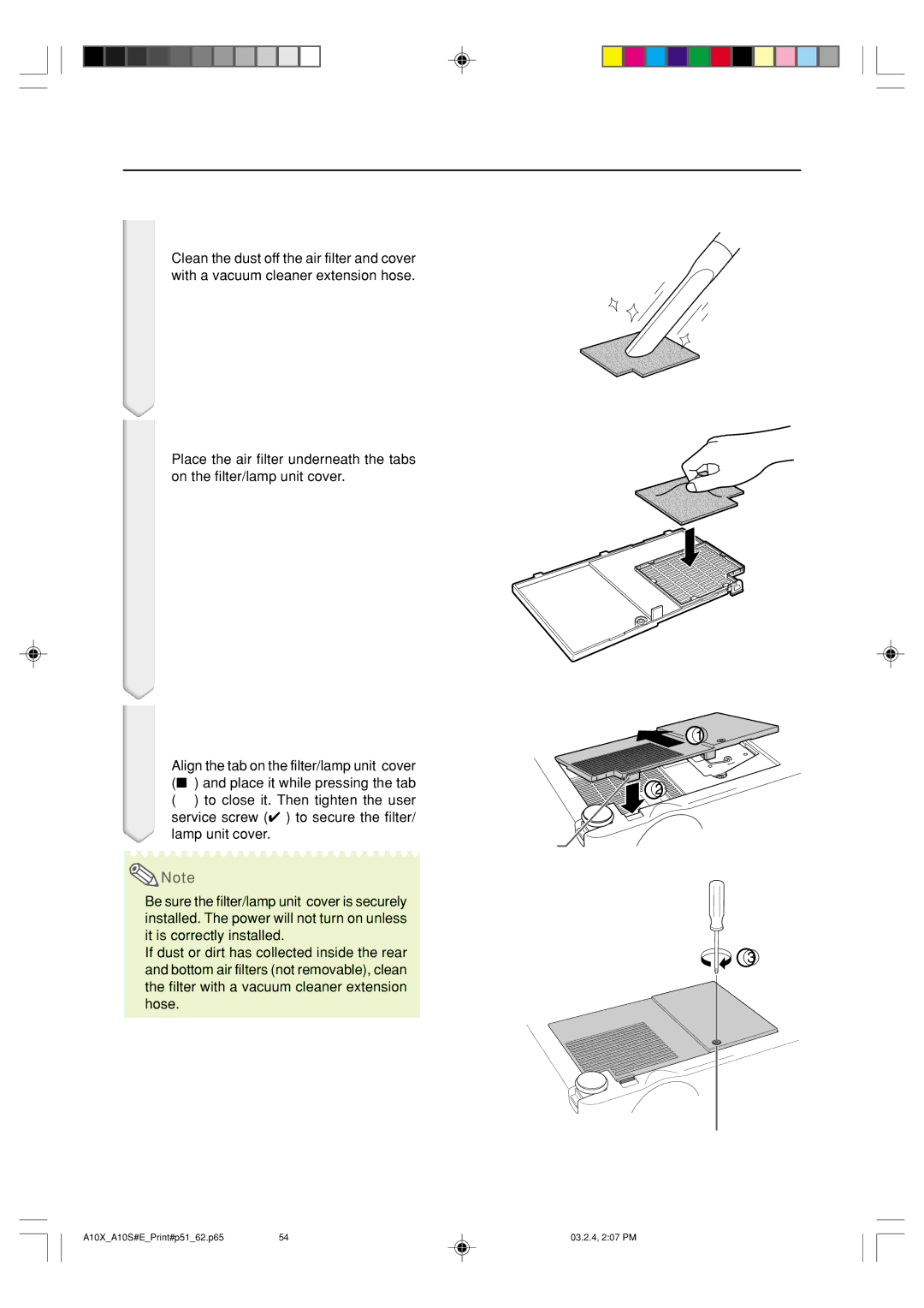 Sharp PG-A10S Clean the air filter, Replace the air filter, Replace the filter/lamp unit cover, Tab User service screw 