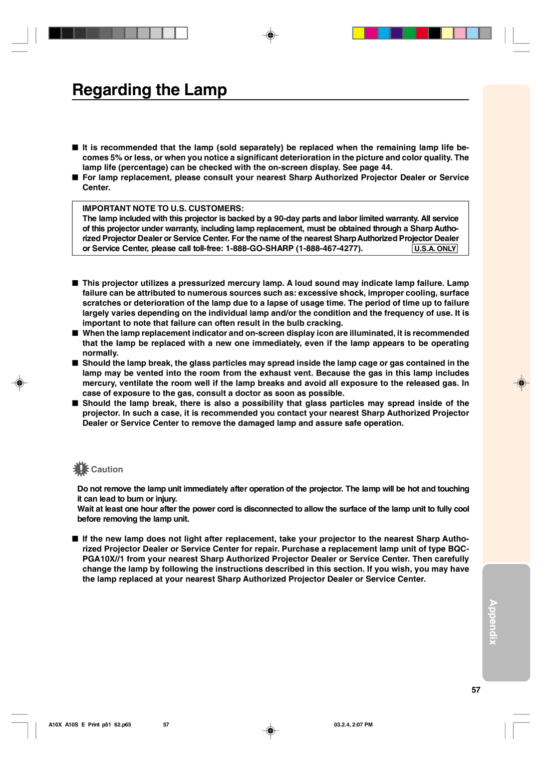 Sharp PG-A10S operation manual Regarding the Lamp, Replacing the Lamp 