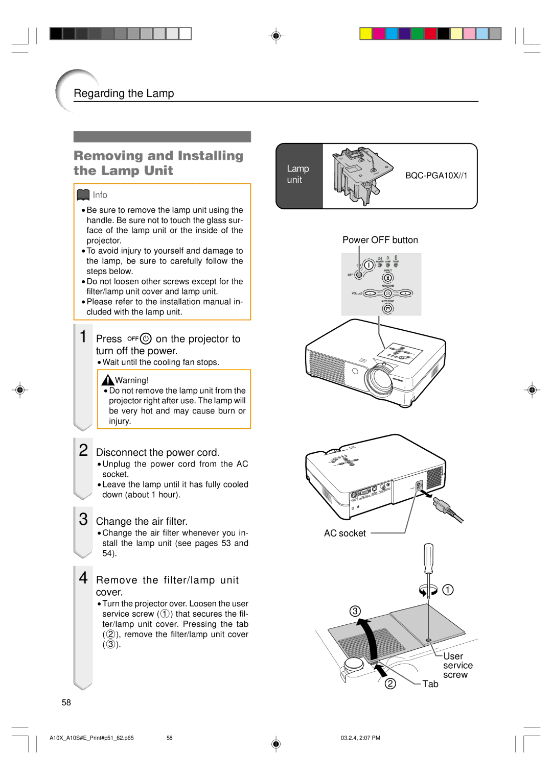 Sharp PG-A10S Removing and Installing the Lamp Unit, Press on the projector to turn off the power, Change the air filter 