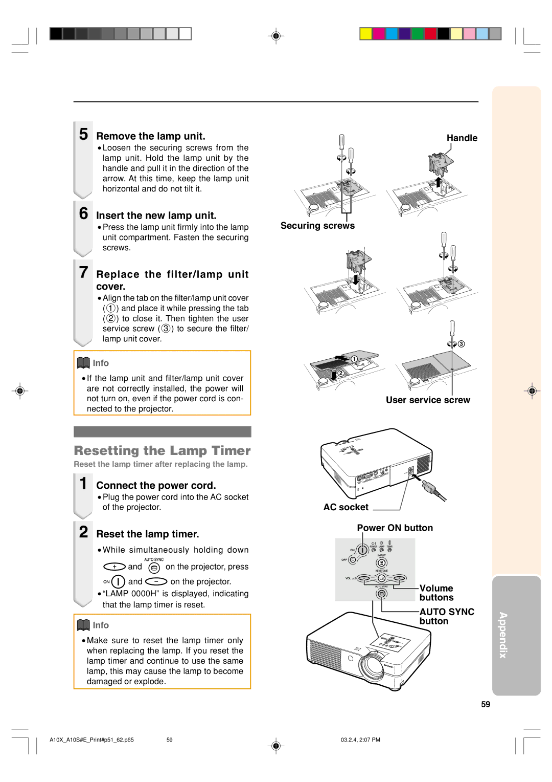 Sharp PG-A10S Resetting the Lamp Timer, Remove the lamp unit, Insert the new lamp unit, Connect the power cord 