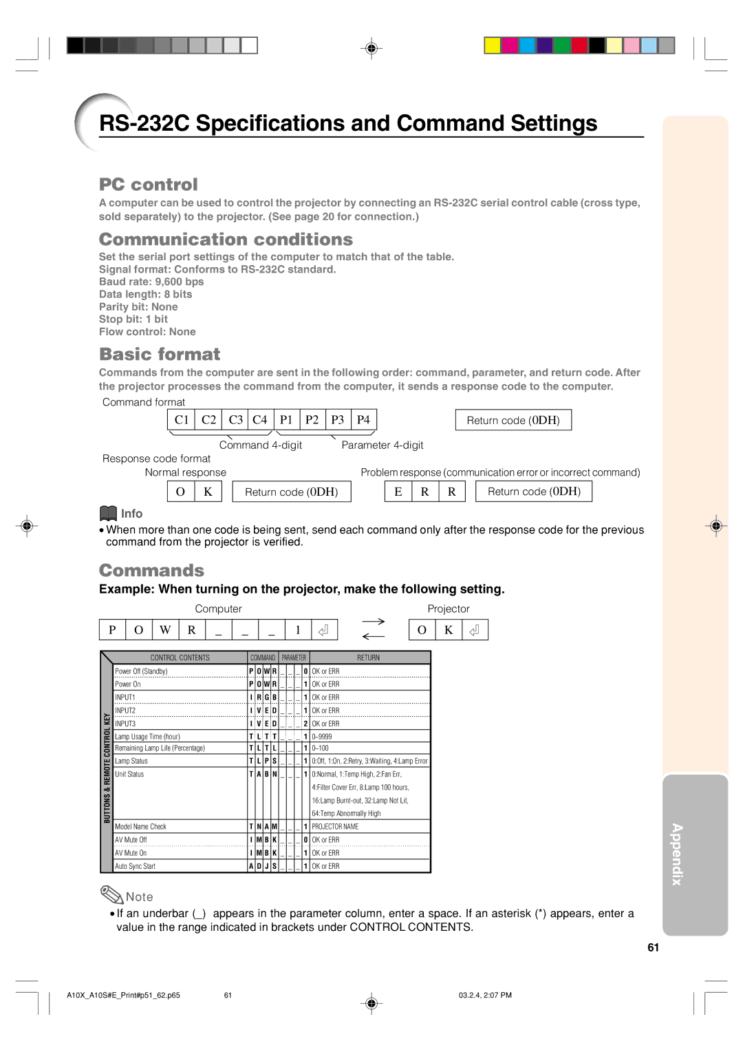 Sharp PG-A10S RS-232C Specifications and Command Settings, PC control, Communication conditions, Basic format, Commands 