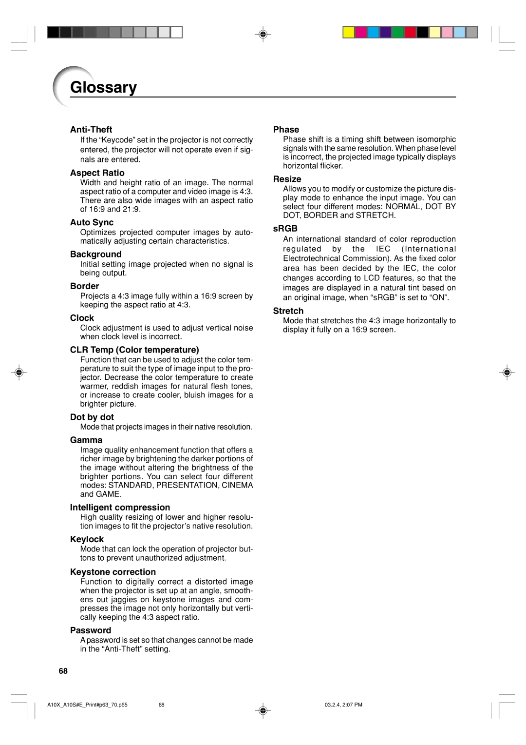 Sharp PG-A10S operation manual Glossary 