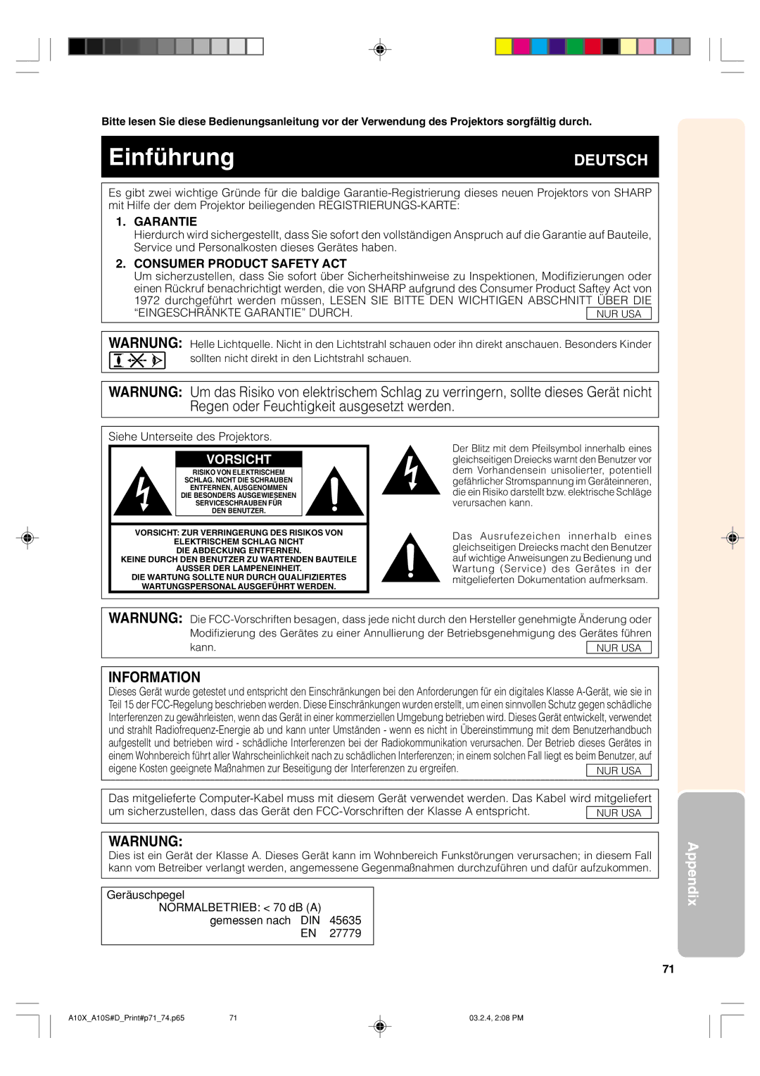 Sharp PG-A10S operation manual Einführung, Garantie 