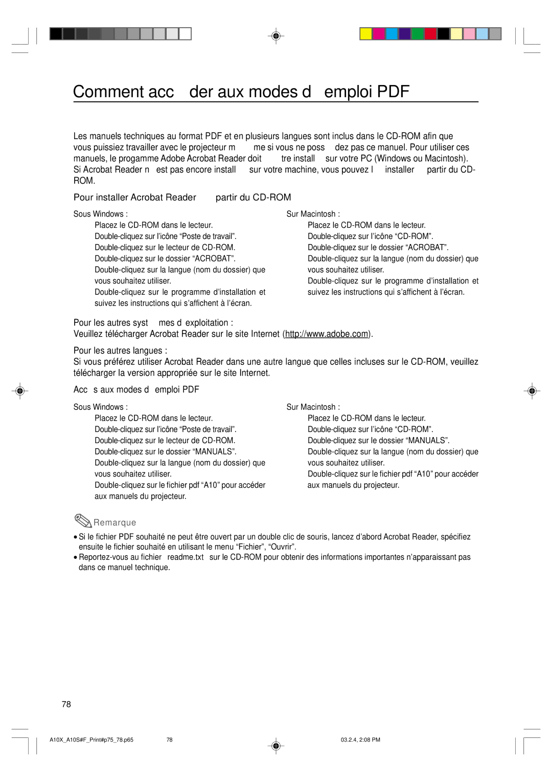 Sharp PG-A10S operation manual Pour installer Acrobat Reader à partir du CD-ROM, Sous Windows, Sur Macintosh 