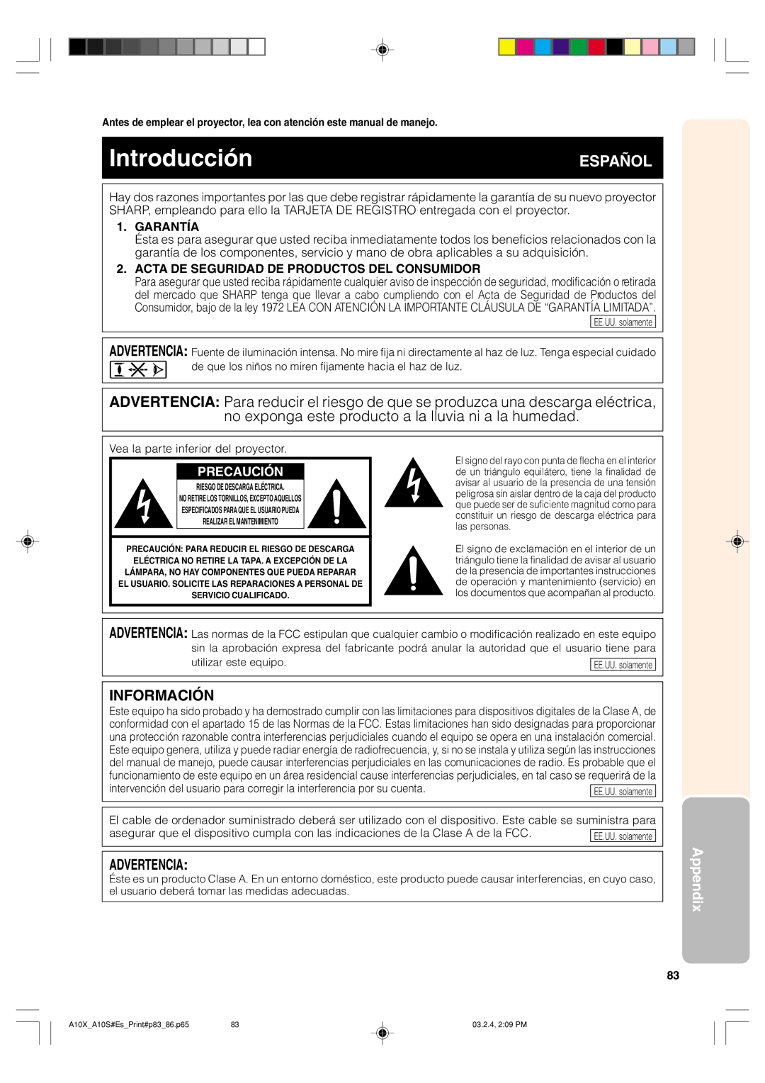 Sharp PG-A10S operation manual Garantía, Acta DE Seguridad DE Productos DEL Consumidor 