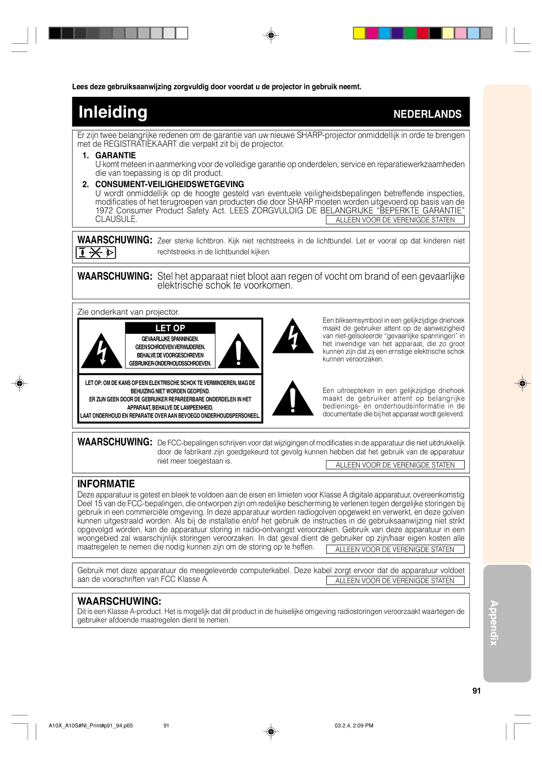 Sharp PG-A10S operation manual Inleiding, Consument-Veiligheidswetgeving 