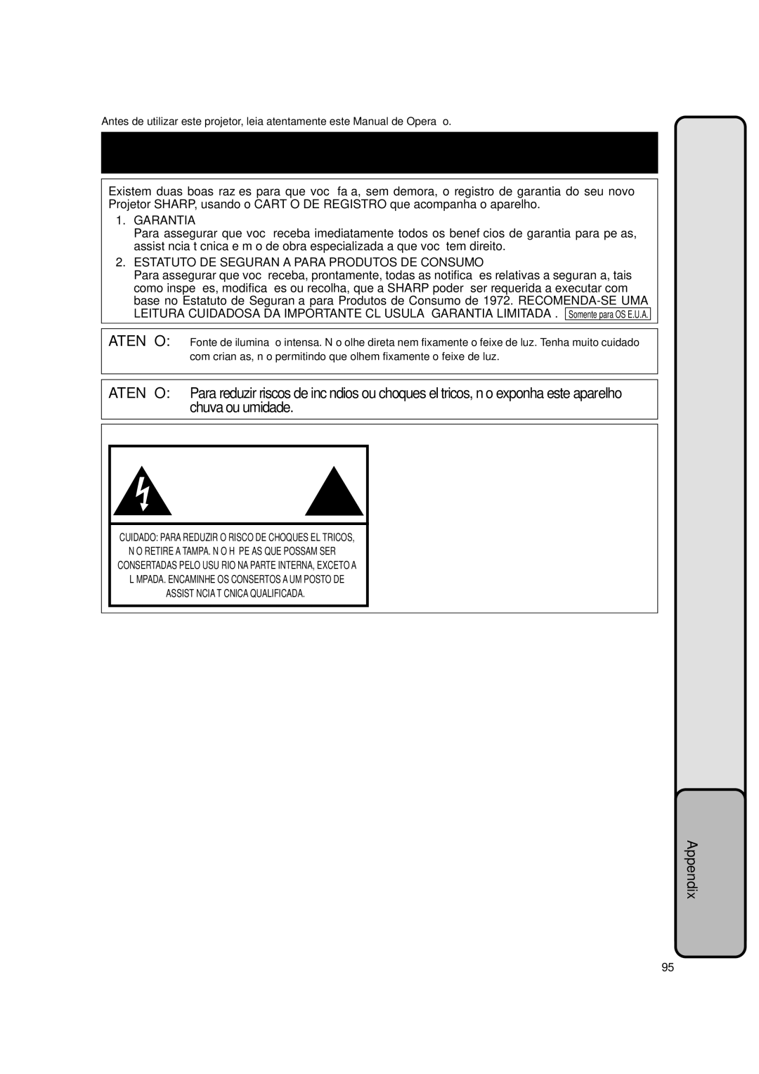 Sharp PG-A10S operation manual Garantia, Estatuto DE Segurança Para Produtos DE Consumo 