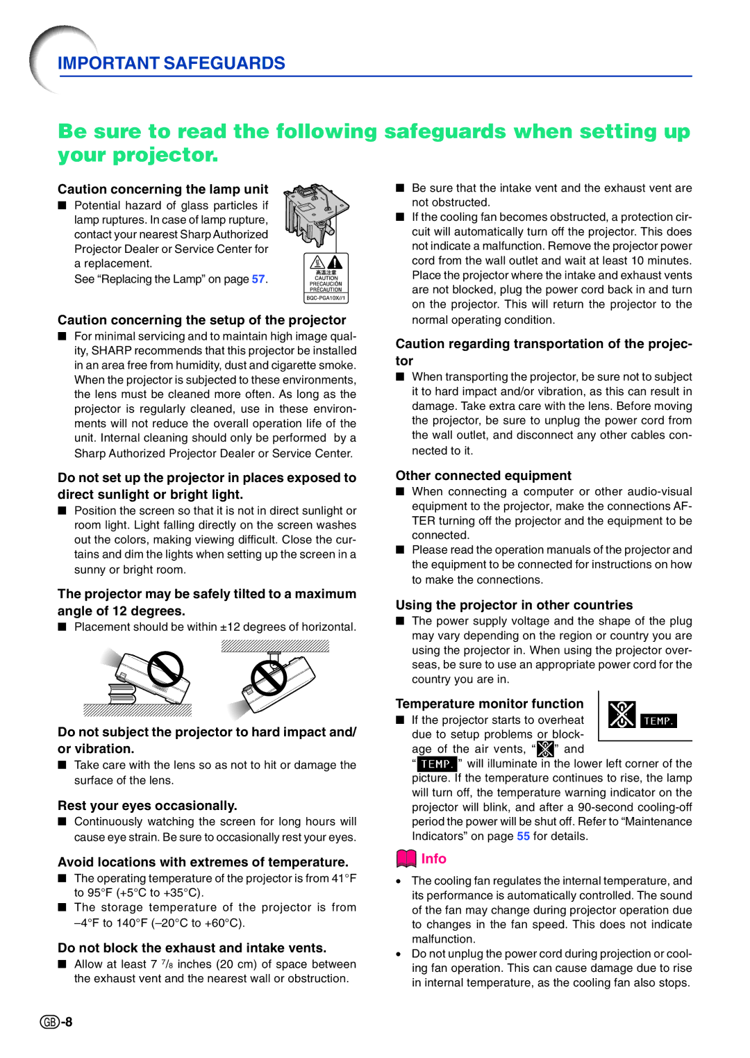 Sharp PG-A10X Rest your eyes occasionally, Avoid locations with extremes of temperature, Other connected equipment 