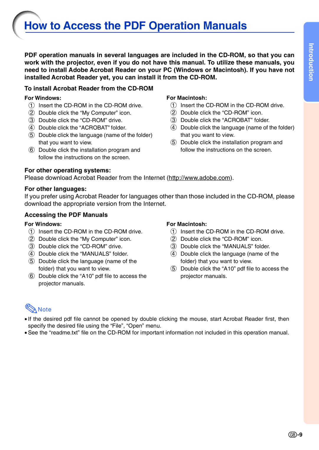 Sharp PG-A10X To install Acrobat Reader from the CD-ROM, For other operating systems For other languages, For Windows 