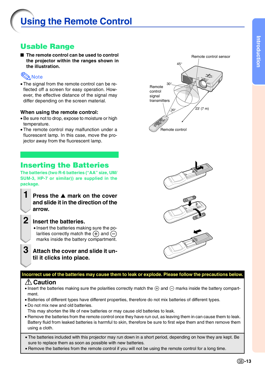 Sharp PG-A10X Using the Remote Control, Usable Range, Inserting the Batteries, When using the remote control 