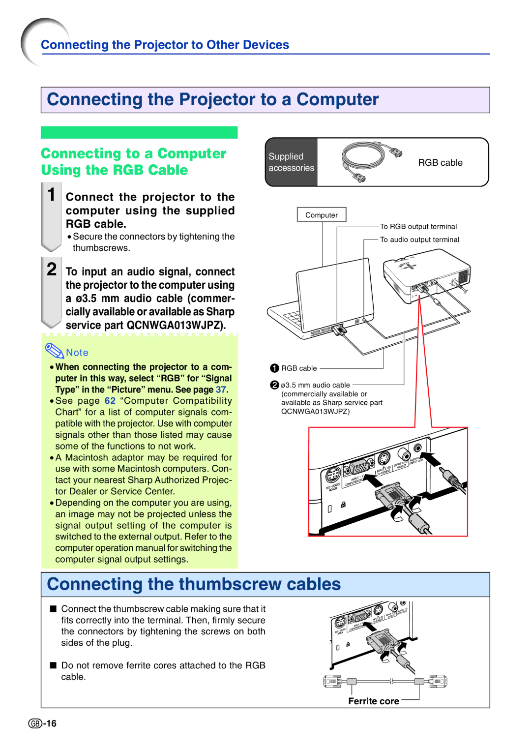 Sharp PG-A10X operation manual Connecting to a Computer Using the RGB Cable, Ferrite core 