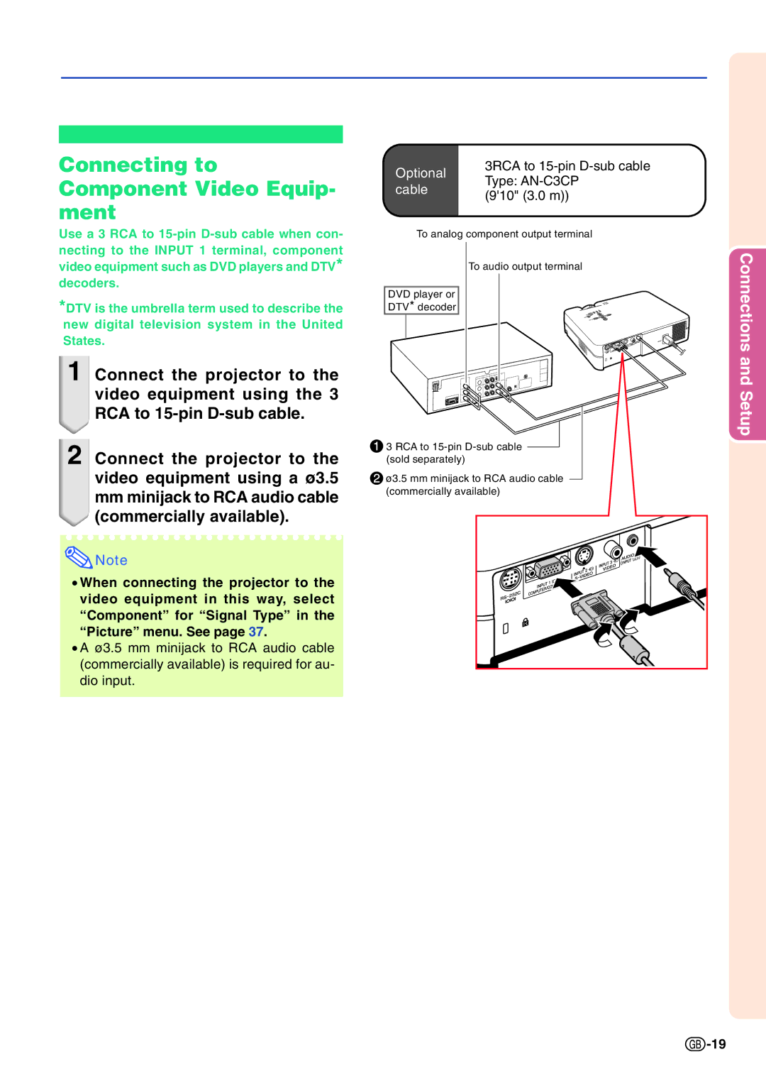 Sharp PG-A10X operation manual Connecting to Component Video Equip- ment, Cable 