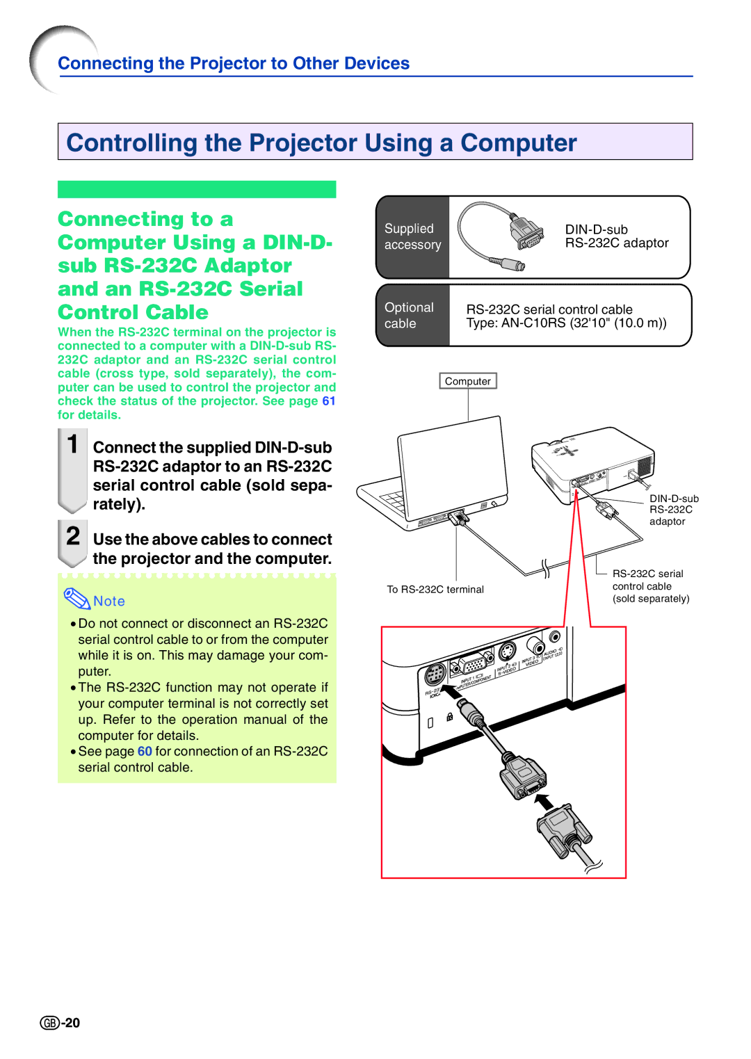 Sharp PG-A10X operation manual Controlling the Projector Using a Computer 