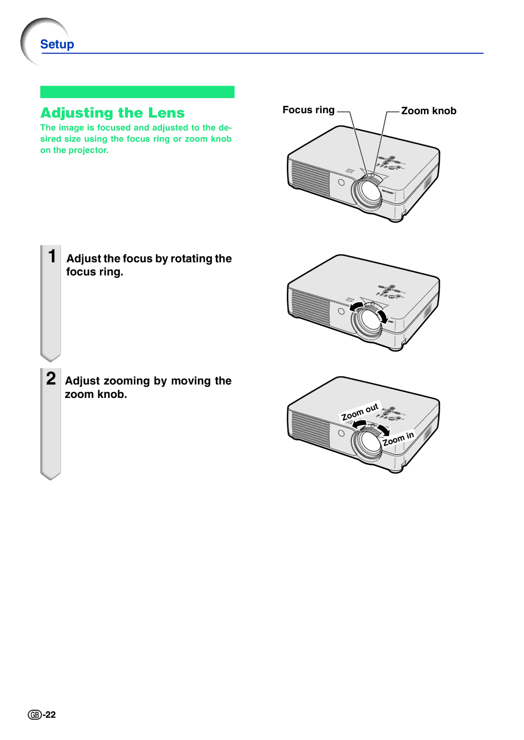 Sharp PG-A10X operation manual Adjusting the Lens, Focus ring Zoom knob 