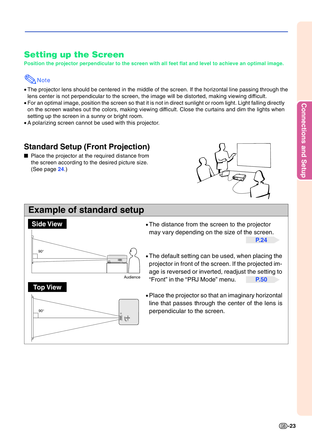 Sharp PG-A10X operation manual Setting up the Screen, Standard Setup Front Projection 