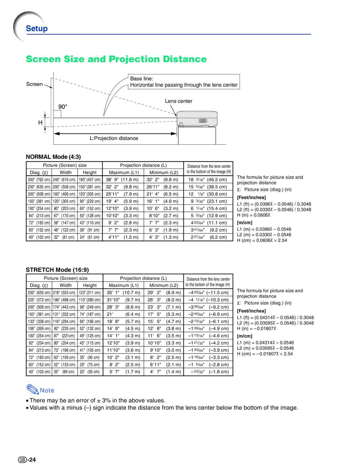 Sharp PG-A10X operation manual Screen Size and Projection Distance, Normal Mode, Stretch Mode 