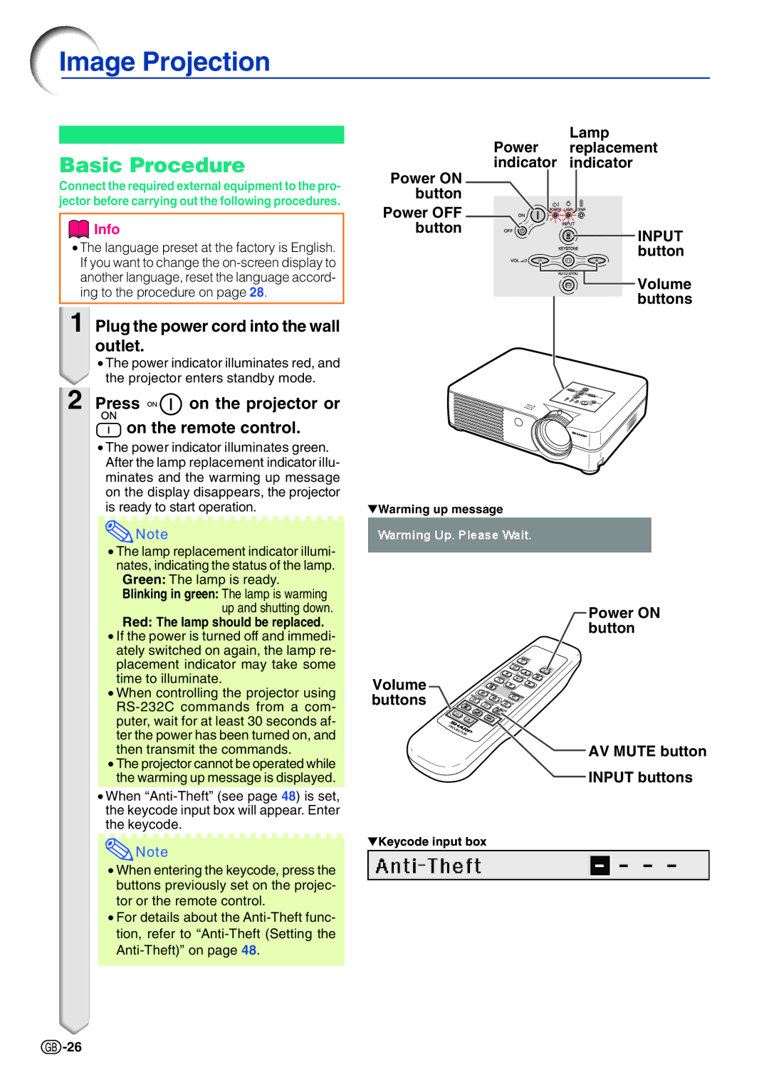 Sharp PG-A10X operation manual Image Projection, Basic Procedure, Plug the power cord into the wall outlet 