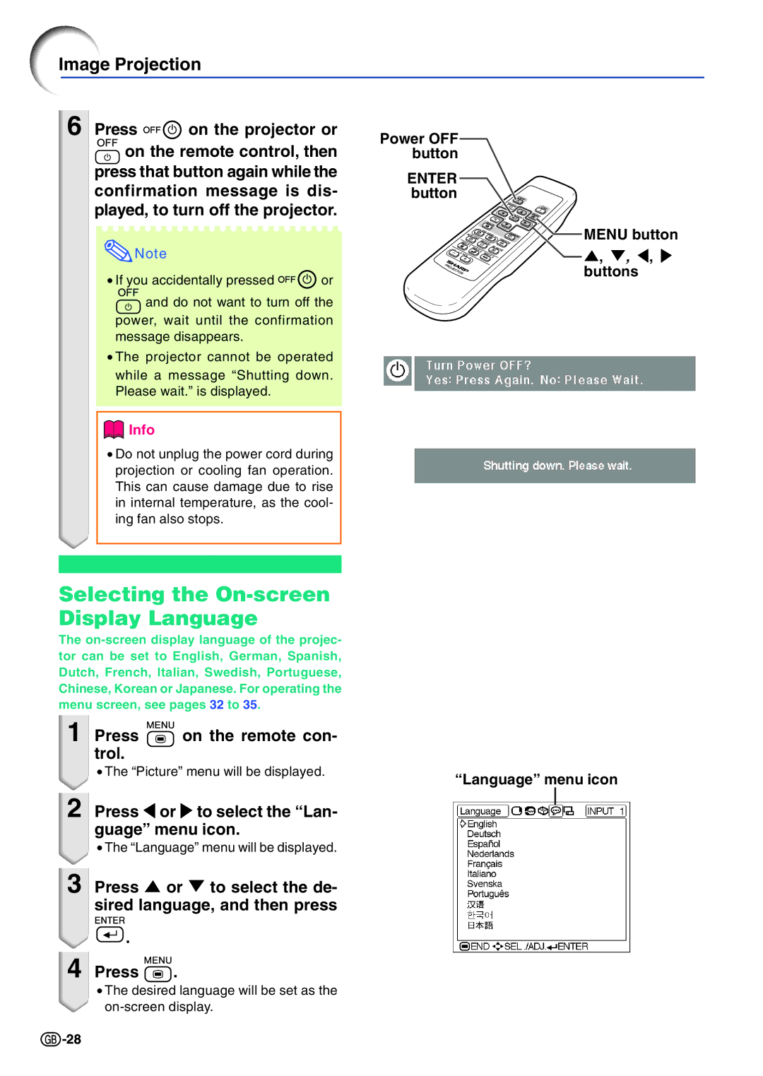 Sharp PG-A10X operation manual Selecting the On-screen Display Language 