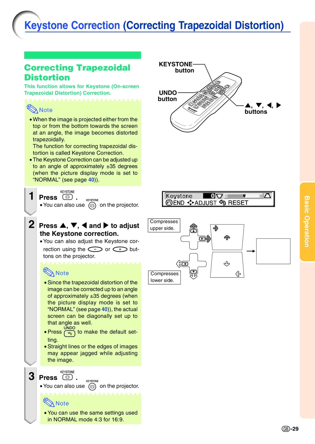 Sharp PG-A10X operation manual Correcting Trapezoidal Distortion, Press , , \ and to adjust the Keystone correction 