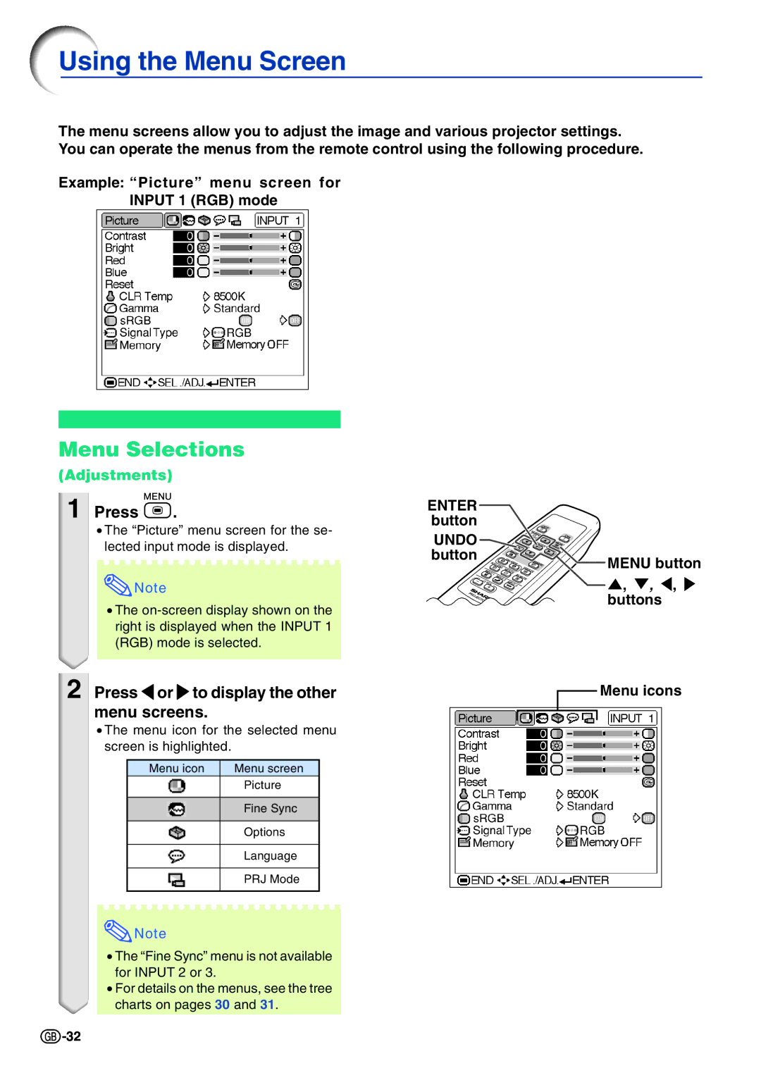 Sharp PG-A10X Using the Menu Screen, Menu Selections, Press \or to display the other, Menu screens, Adjustments 